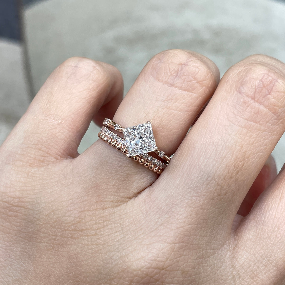 IGI Lab diamond Princess cut 1.5ct four-prong milgrain side stone band ring