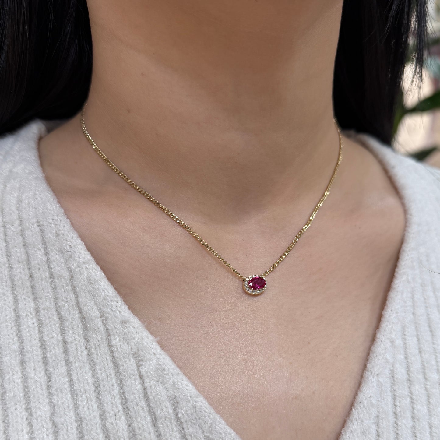 Lab pinkish ruby oval shape 0.8ct halo with 1.8mm Cuban necklace