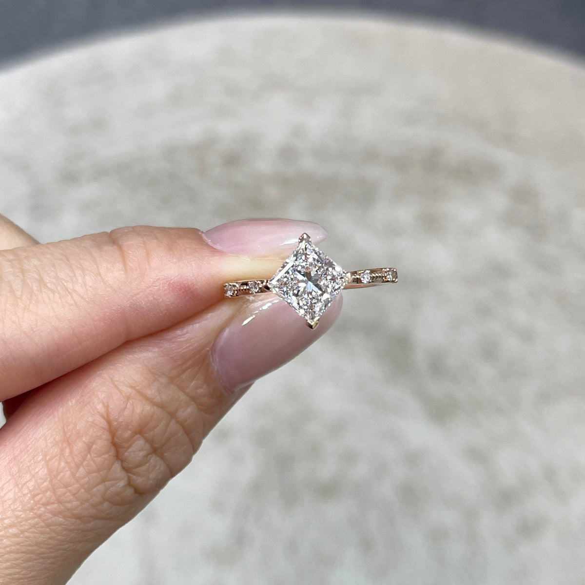 IGI Lab diamond Princess cut 1.5ct four-prong milgrain side stone band ring