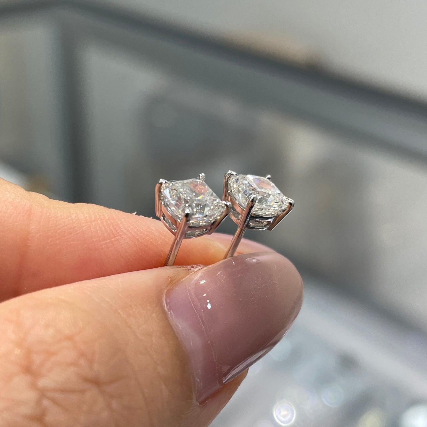 Lab diamond Cushion cut 1.4ct four-prong stud earrings-pair