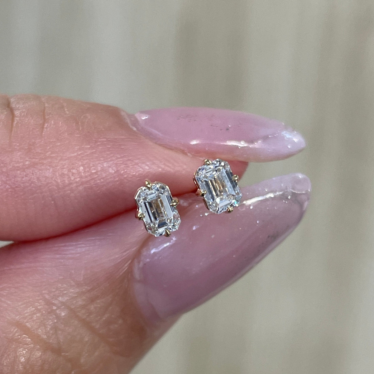 Lab Diamond emerald cut 0.4ct four-prong compass stud earrings-pair