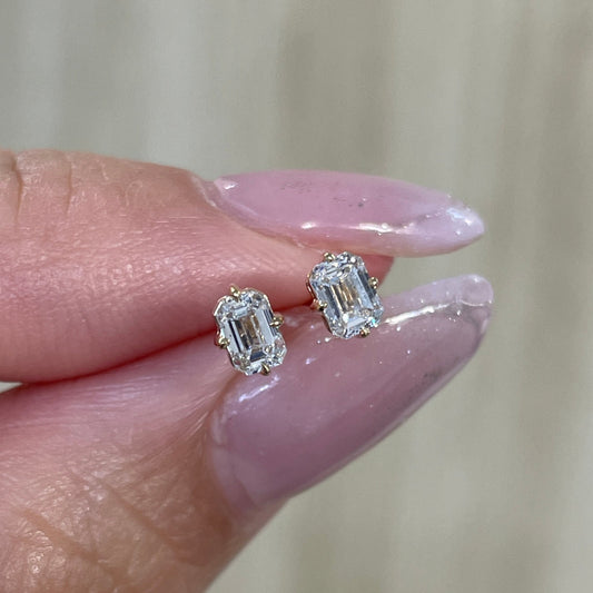 Lab Diamond emerald cut 0.4ct four-prong compass stud earrings-pair