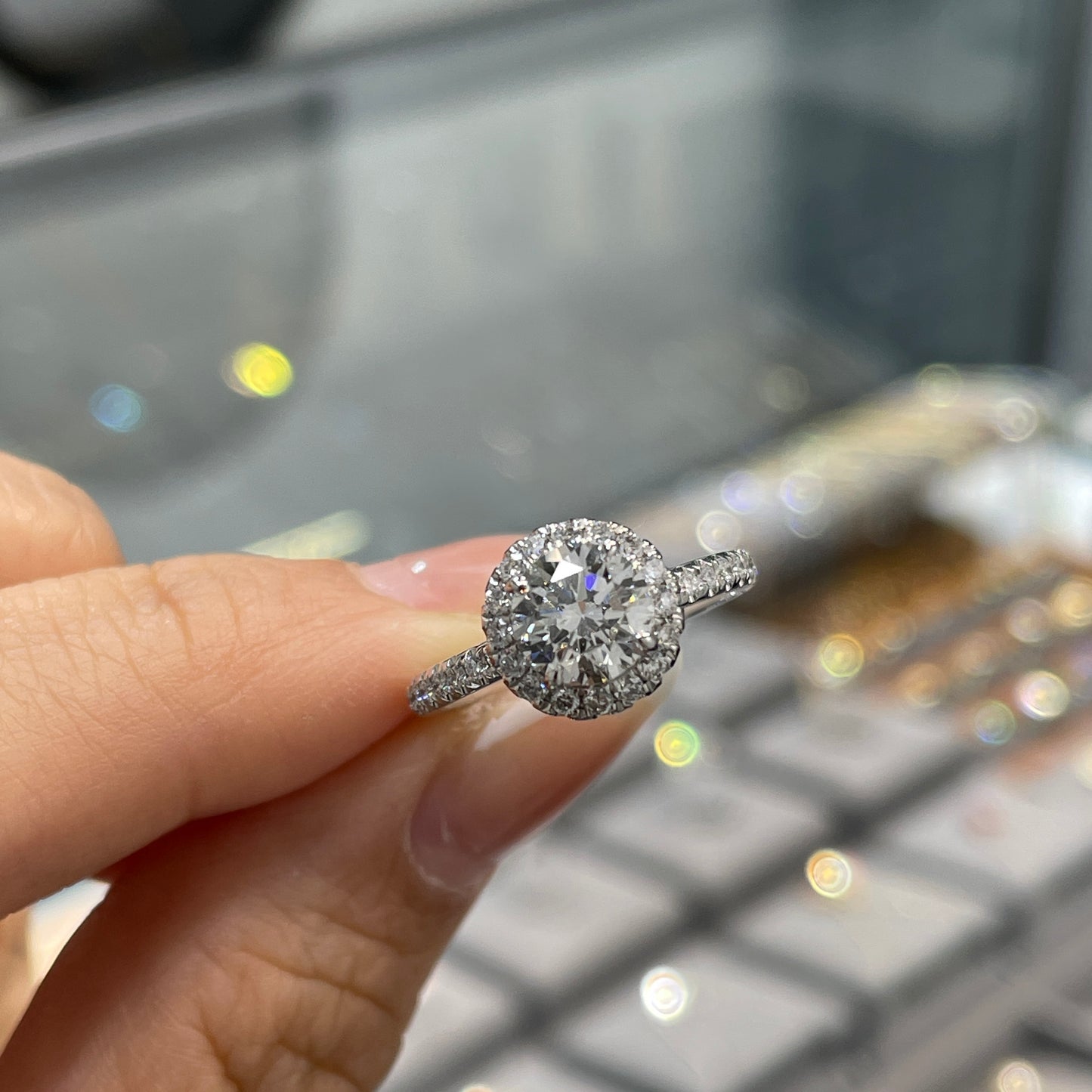 IGI lab diamond round 1ct halo with underpaved pave band ring