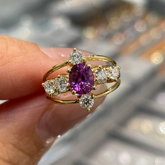 Lab purple sapphire oval 0.6ct with diamond round 0.45ct cross three row diamond pinky ring