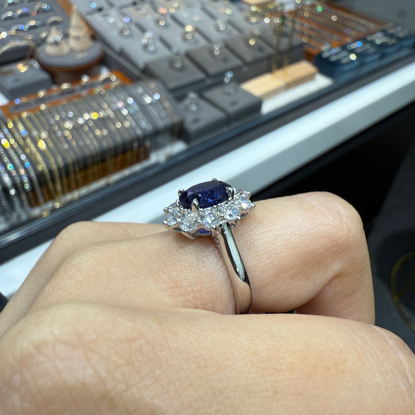 Lab grown Sapphire royal blue Oval 2.5ct halo ring