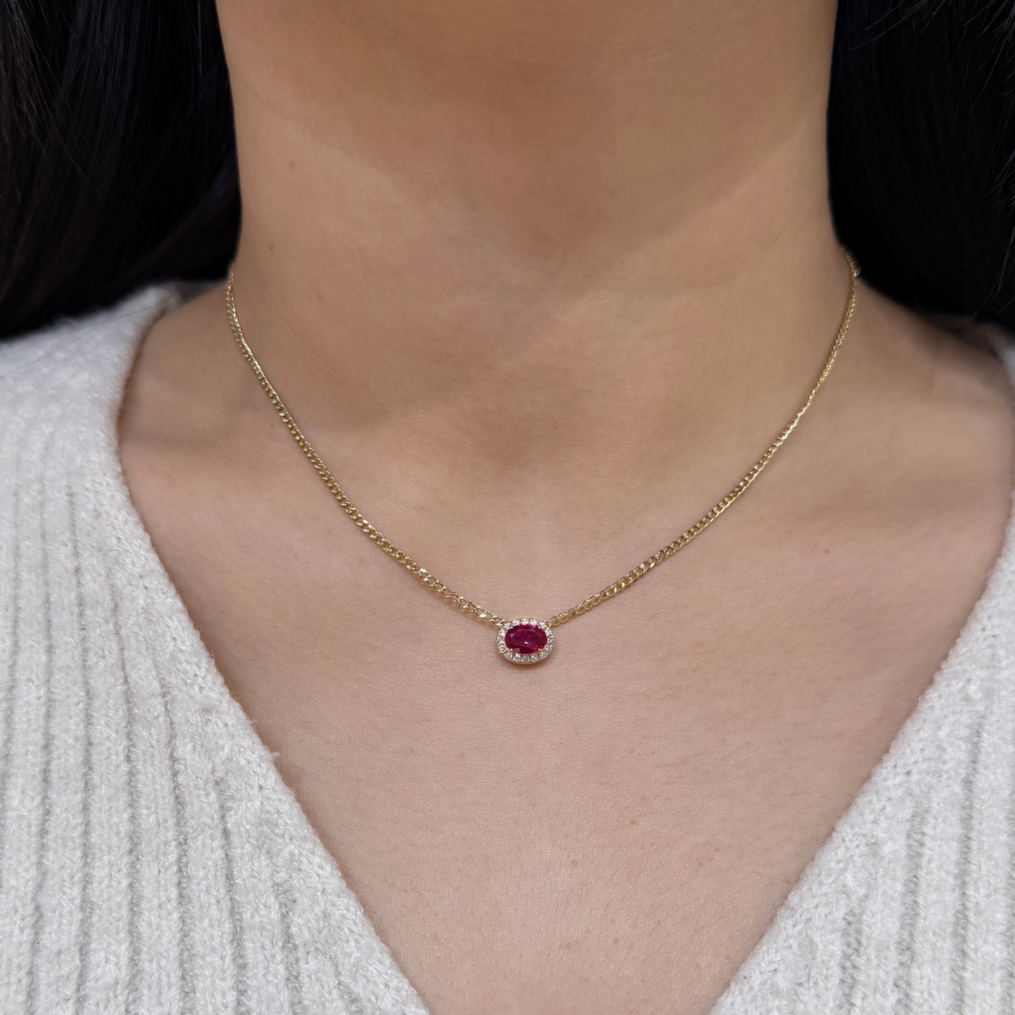 Lab pinkish ruby oval shape 0.8ct halo with 1.8mm Cuban necklace