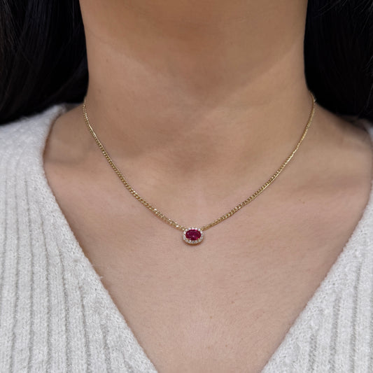 Lab pinkish ruby oval shape 0.8ct halo with 1.8mm Cuban necklace