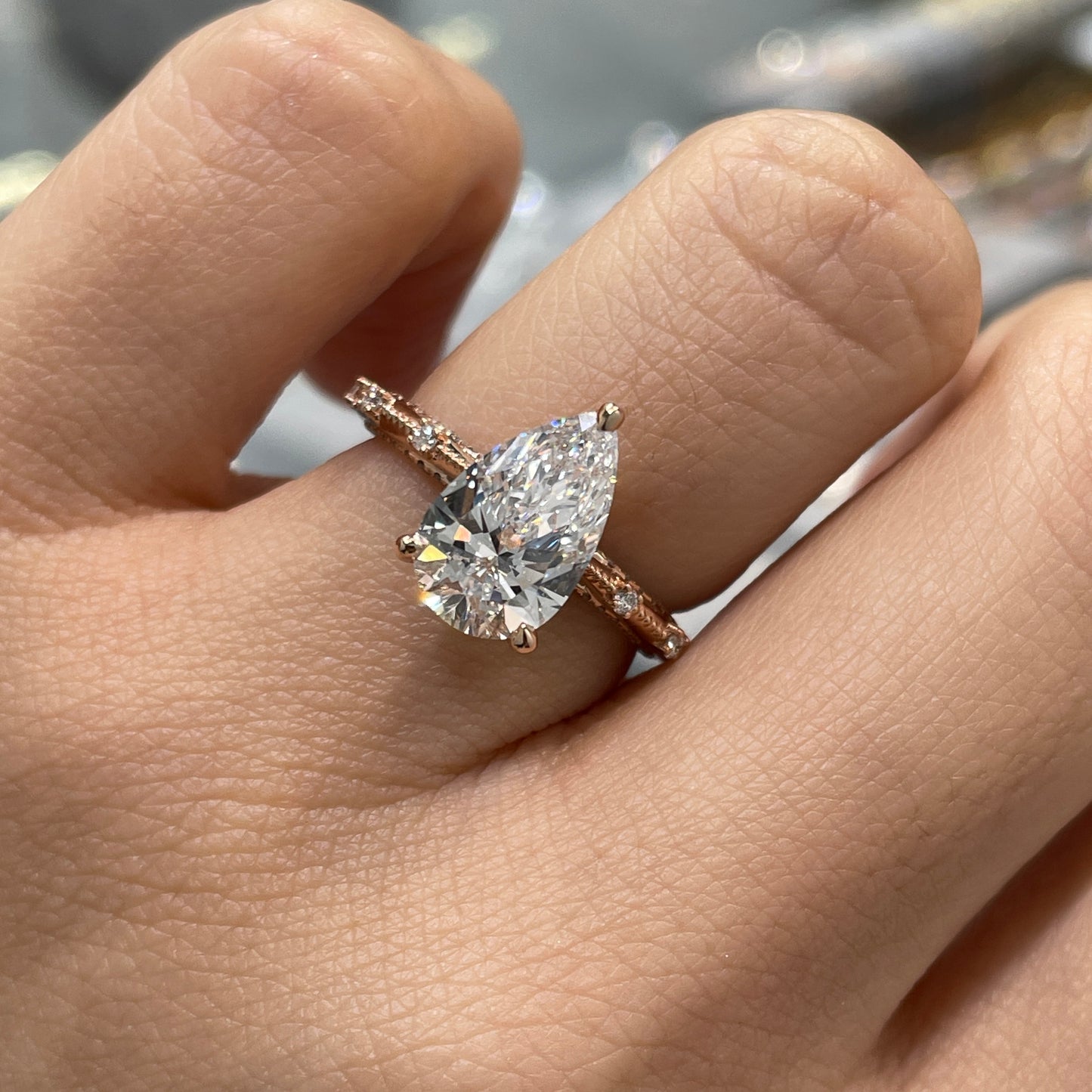 IGI Lab diamond Pear 2ct milgrain under paved ring