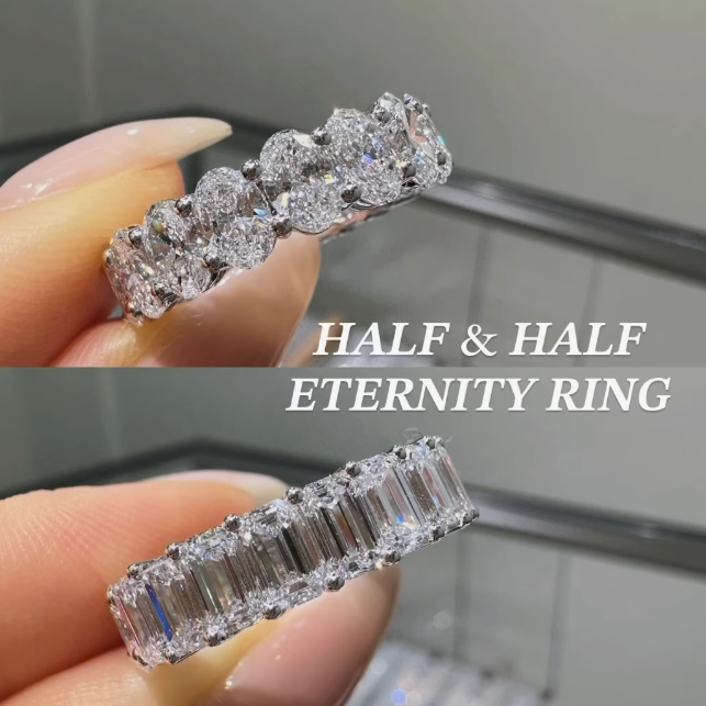 Lab diamond oval & emerald cut half half 6ct full eternity ring