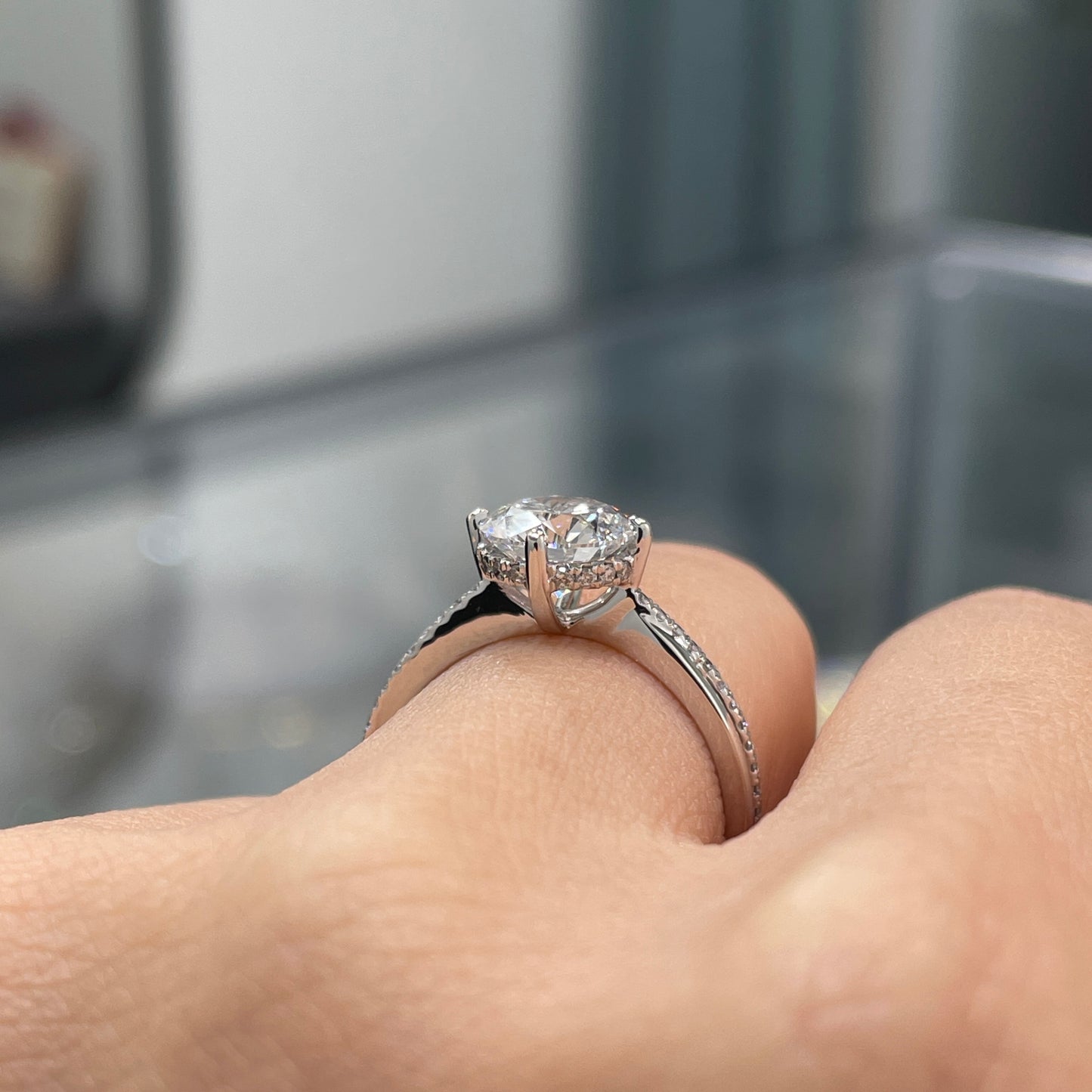 IGI Lab diamond Round 1.5ct compass four-prong underhalo criss cross pave band ring