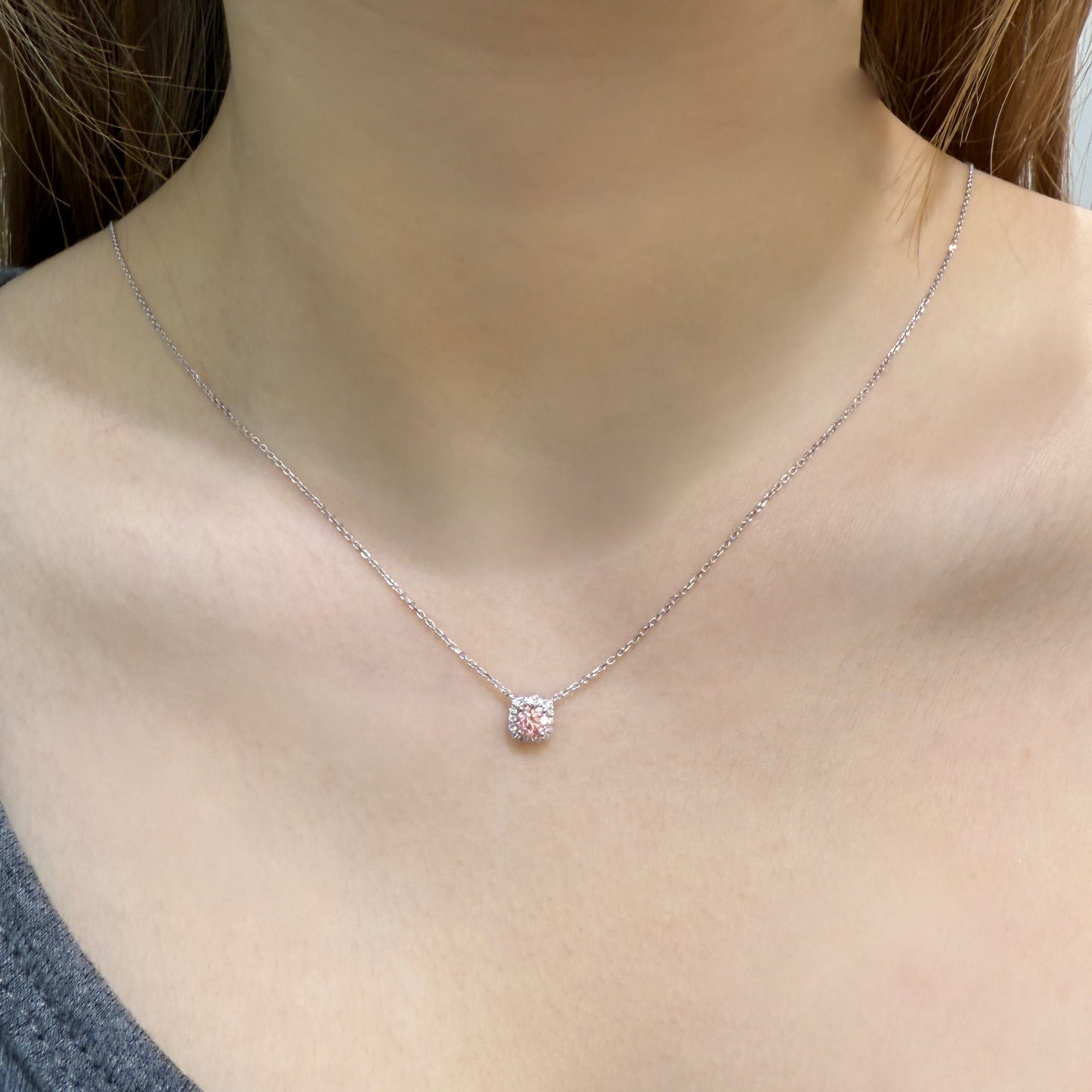 Lab pink diamond 0.25ct halo necklace
