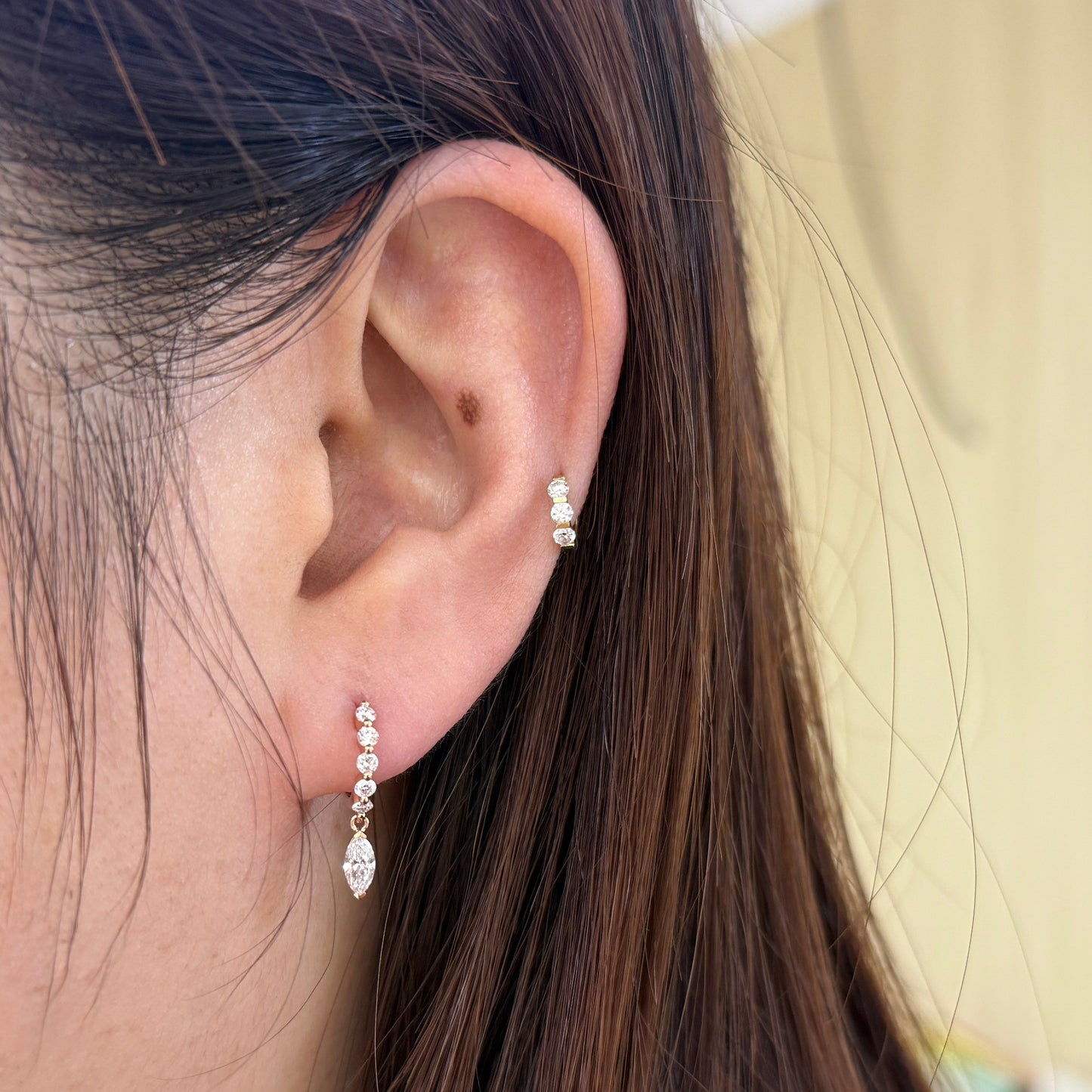 Lab diamond Marquaie and round 0.75ct single prong drop 8mm hoop earrings-pair