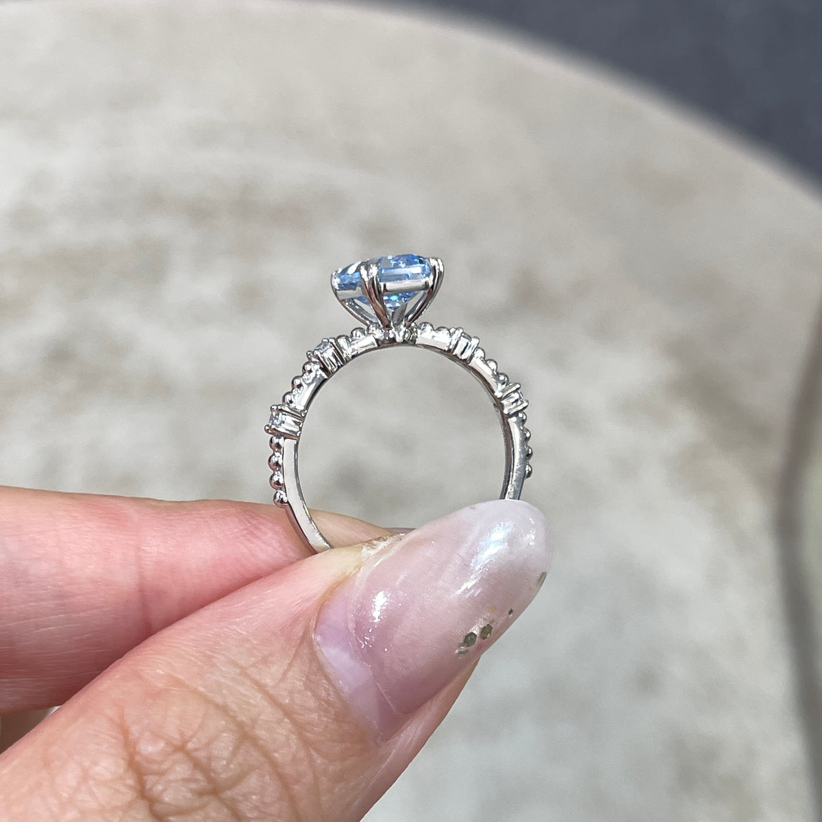 Lab Sapphire Aquamarine blue emerald cut 1.5ct  four-double prong milgrain side stone band ring