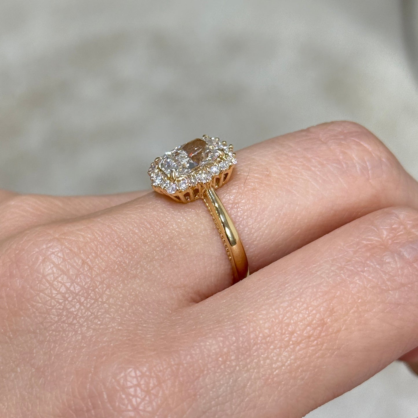 IGI lab diamond Long cushion cut 1.8ct halo milgrain band ring