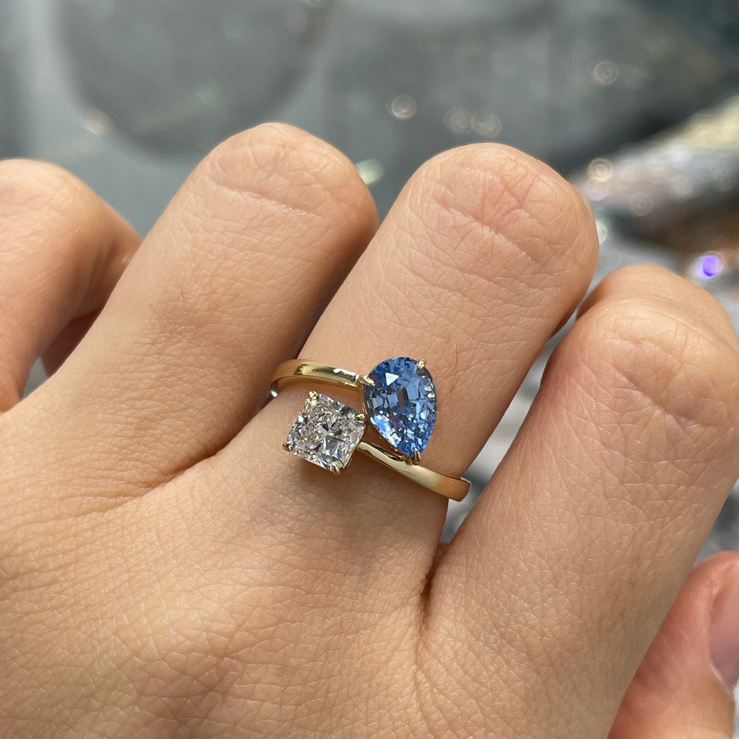 Lab sapphire Santa maria aquamarine pear shape 1.5ct with diamond radiant cut 1ct toi et moi open ring