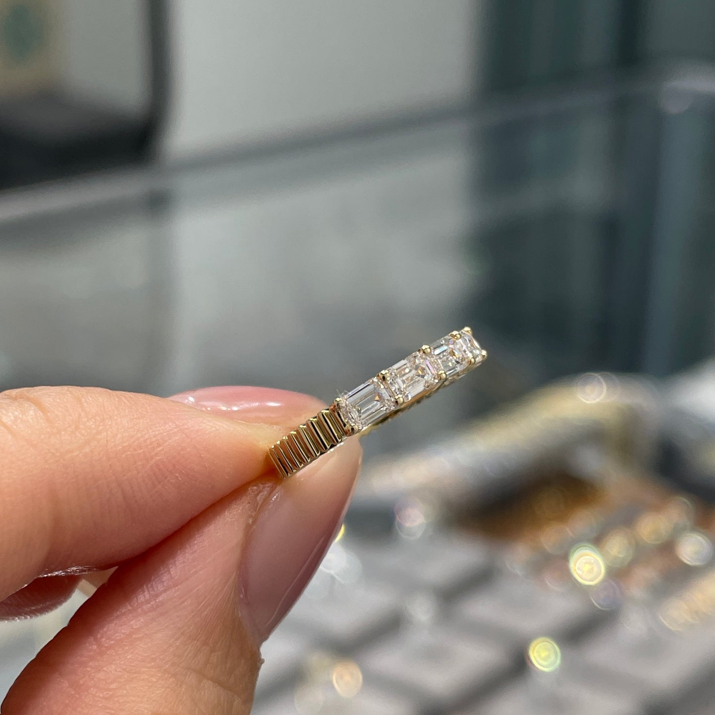 Lab diamond emerald cut 0.9ct horizontal half eternity straight vertical line band pinky ring