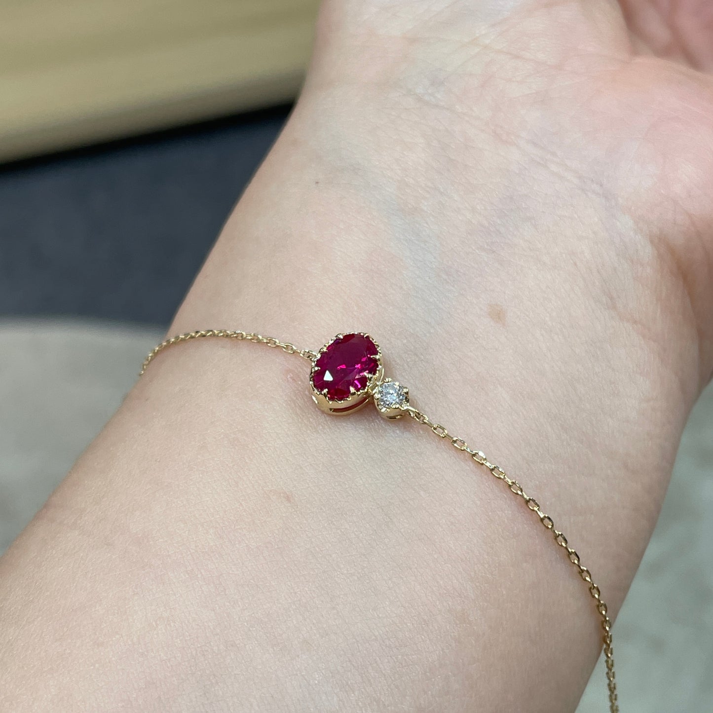 Lab ruby oval 0.8ct with lab diamond round 0.1ct bracelet
