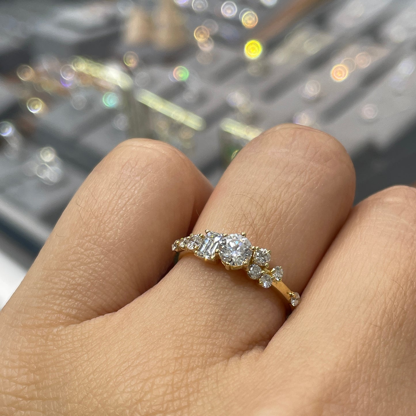 Lab diamond Round and Emerald cut 0.8ct pave ring