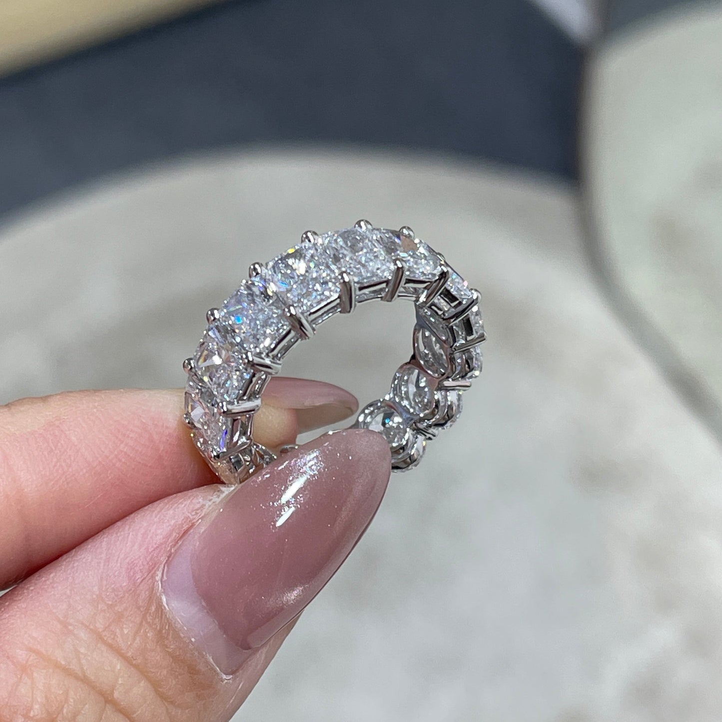 Lab diamond oval & emerald cut half half 7.5ct full eternity ring