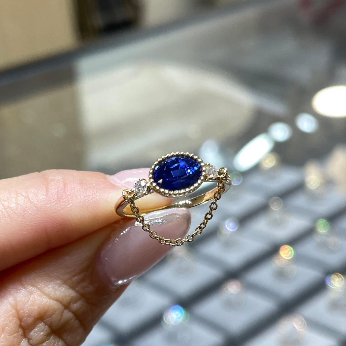 Lab sapphire royal Blue oval shape 1.1ct with diamond milgrain bezel chain ring