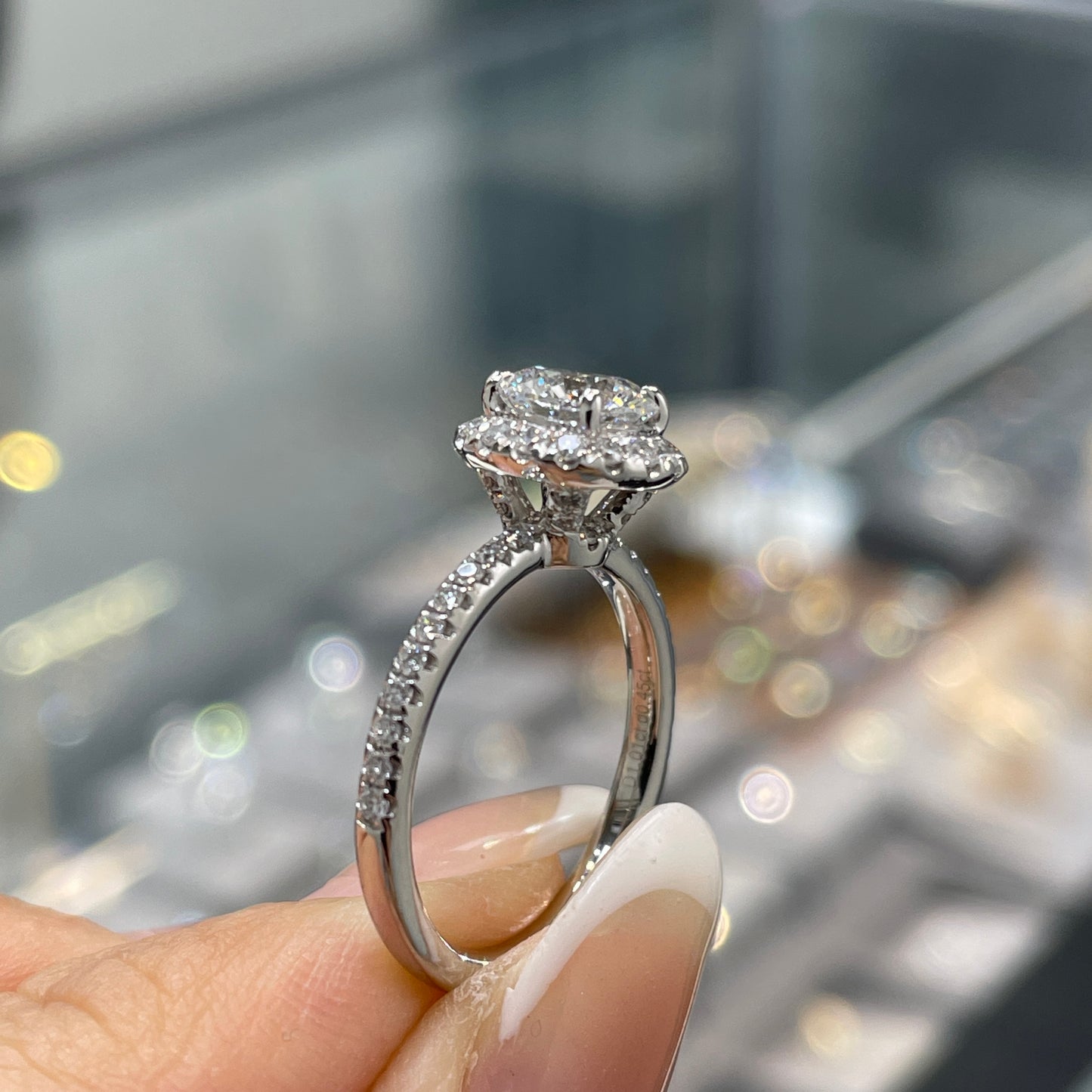 IGI lab diamond round 1ct halo with underpaved pave band ring