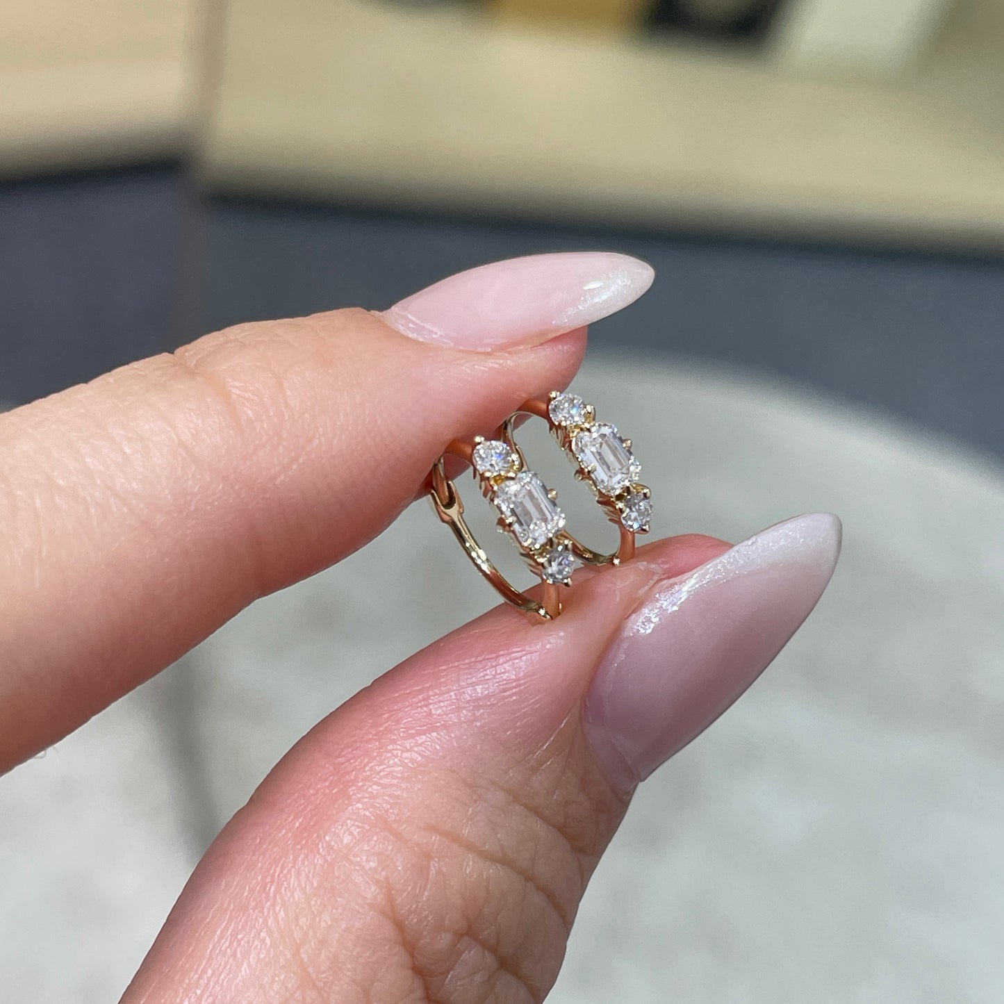Lab diamond emerald cut and round 0.2ct three stone 9mm thin hoop earring - each