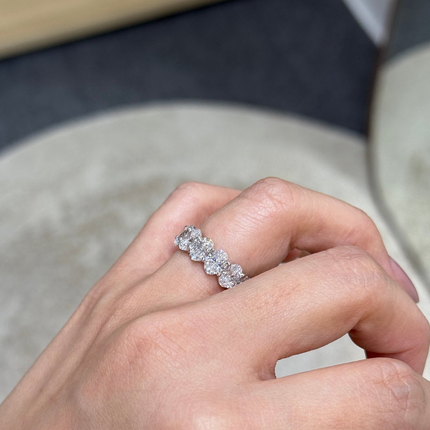 Lab diamond oval & emerald cut half half 7.5ct full eternity ring