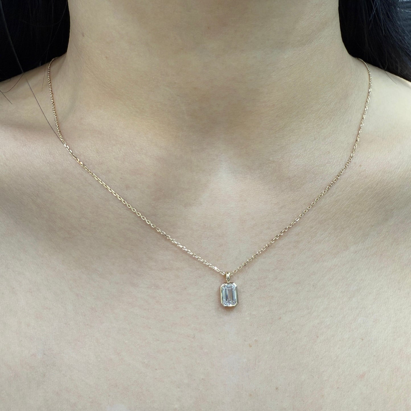 Lab diamond emerald cut 0.7ct bezel pendant with necklace