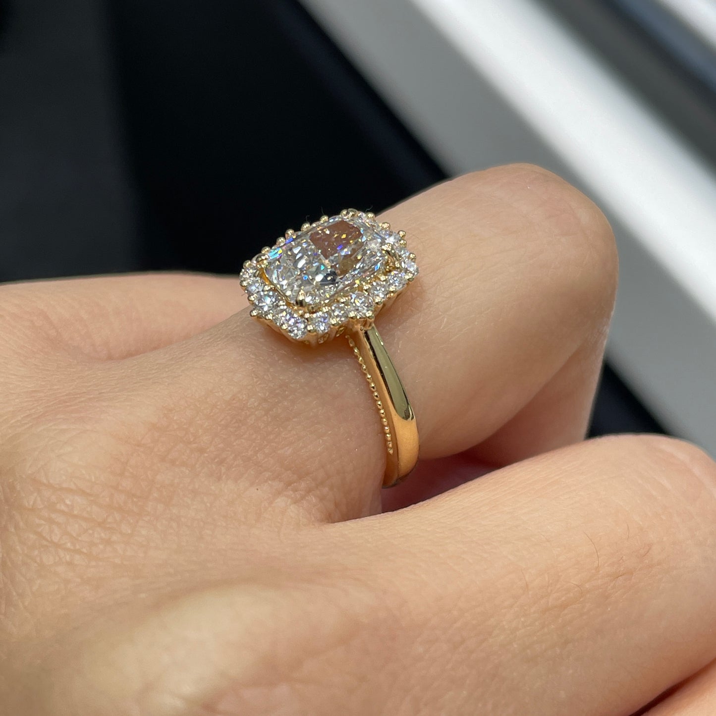 IGI Lab diamond modified cushion 1.8ct halo ring