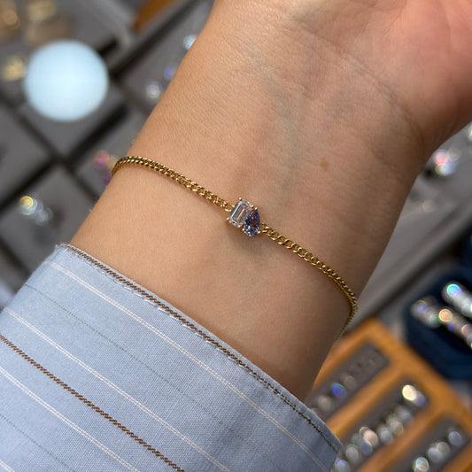 Lab sapphire cornflower color pear shape 0.25ct with lab diamond emerald cut 0.3ct toi et moi 1.8mm Cuban bracelet￼