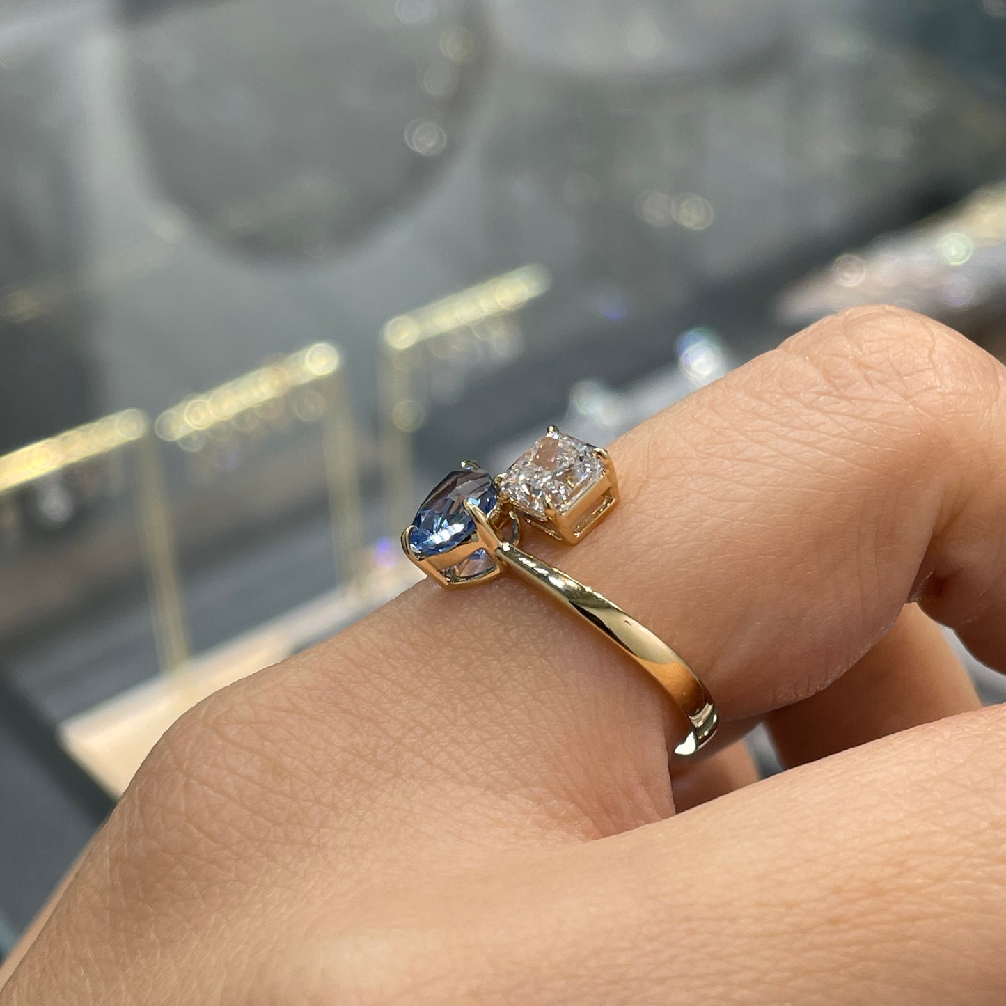 Lab sapphire Santa maria aquamarine pear shape 1.5ct with diamond radiant cut 1ct toi et moi open ring