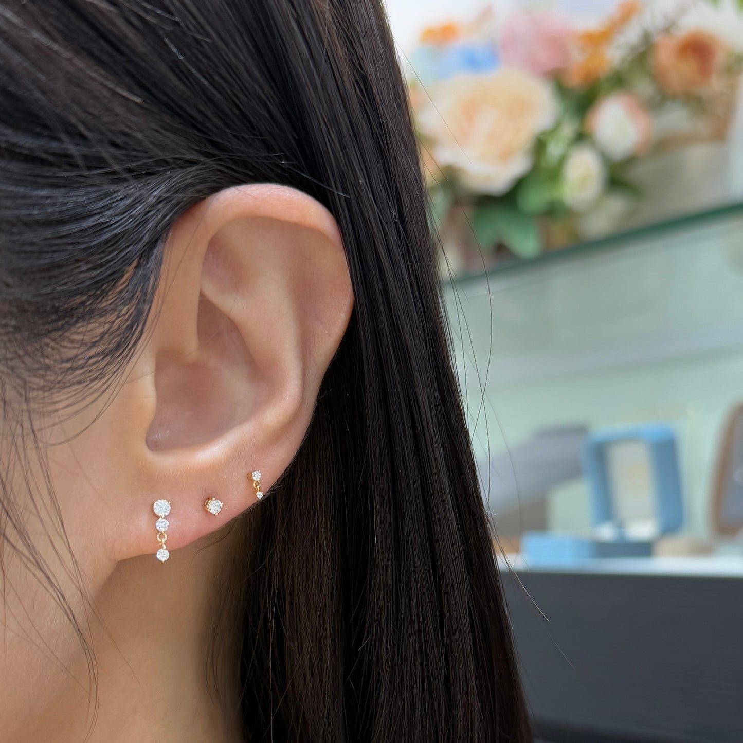 Lab Diamond round trio  swing stud earring-each