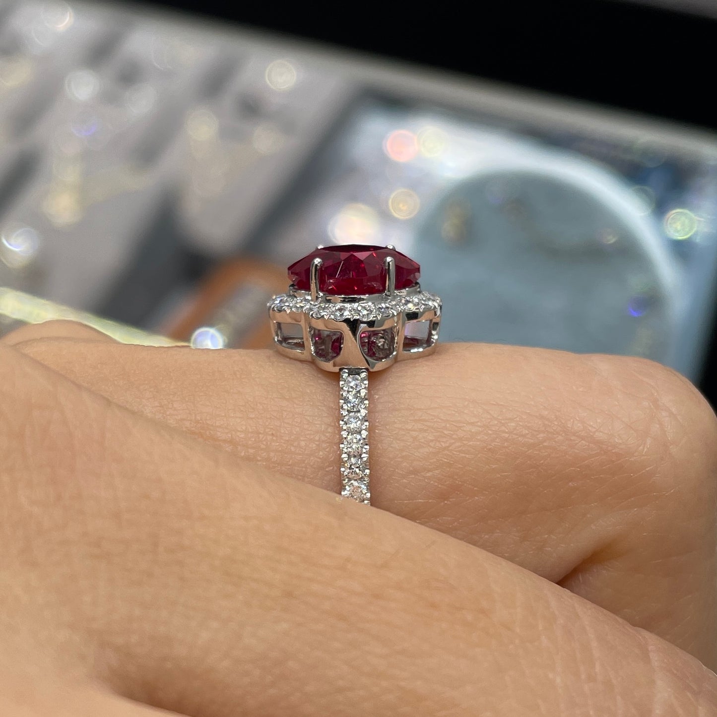 Lab Ruby flower cut 3ct two way halo pave ring