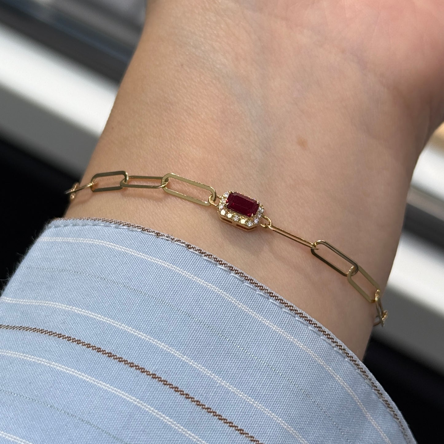 Lab Ruby emerald cut 0.25ct halo with paper clip bracelet
