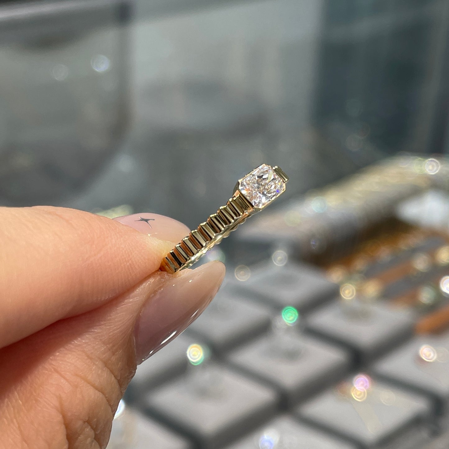 Lab diamond Radiant cut 0.5ct horizontal bezel set with vertical line band ring