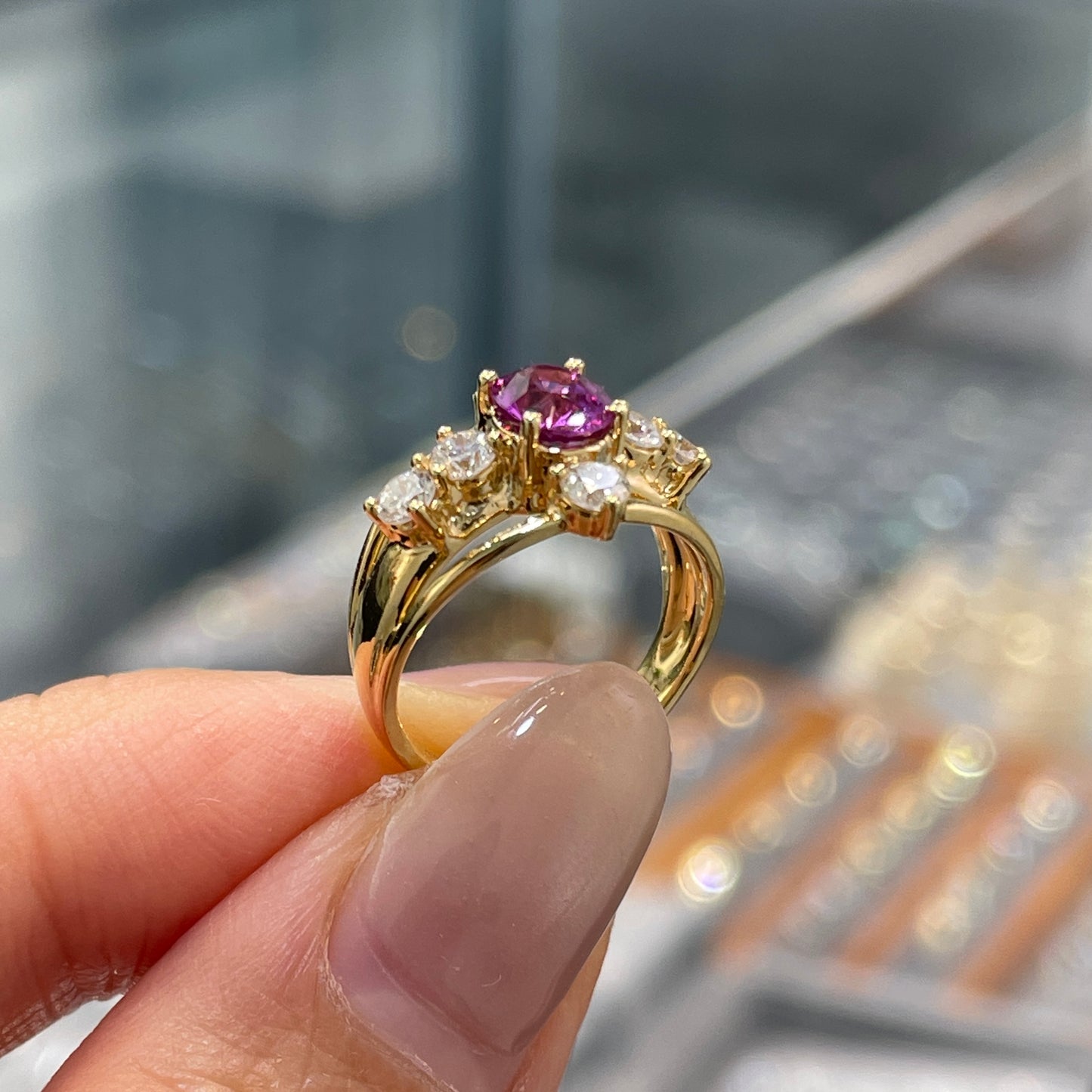 Lab purple sapphire oval 0.6ct with diamond round 0.45ct cross three row diamond pinky ring