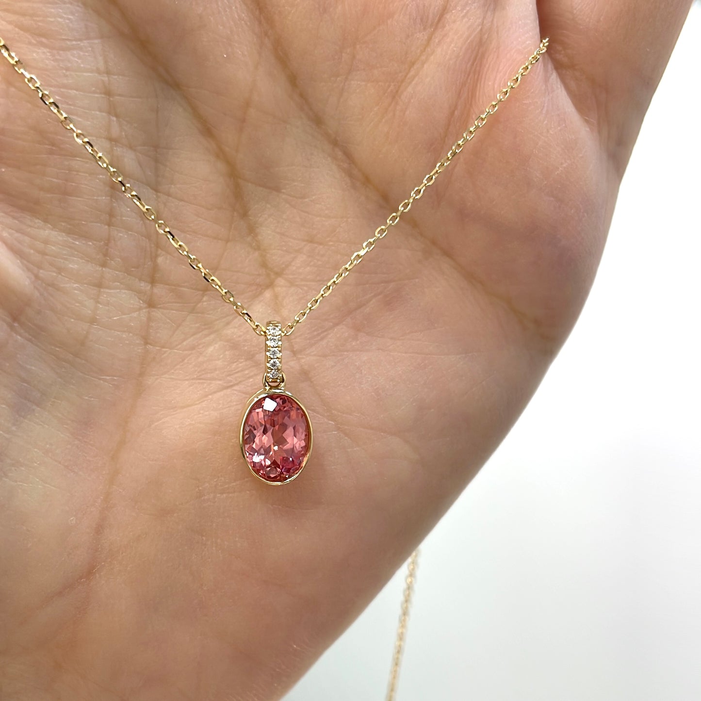 Lab pink sapphire Oval shape 1.6ct bezel pave open clip pendant