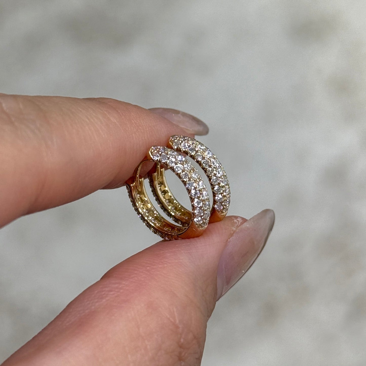 9k Lab diamond round 0.94ct double side three row 11mm hoop earrings-pair