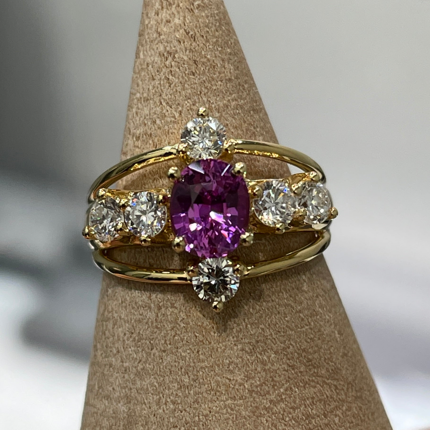 Lab purple sapphire oval 0.6ct with diamond round 0.45ct cross three row diamond pinky ring