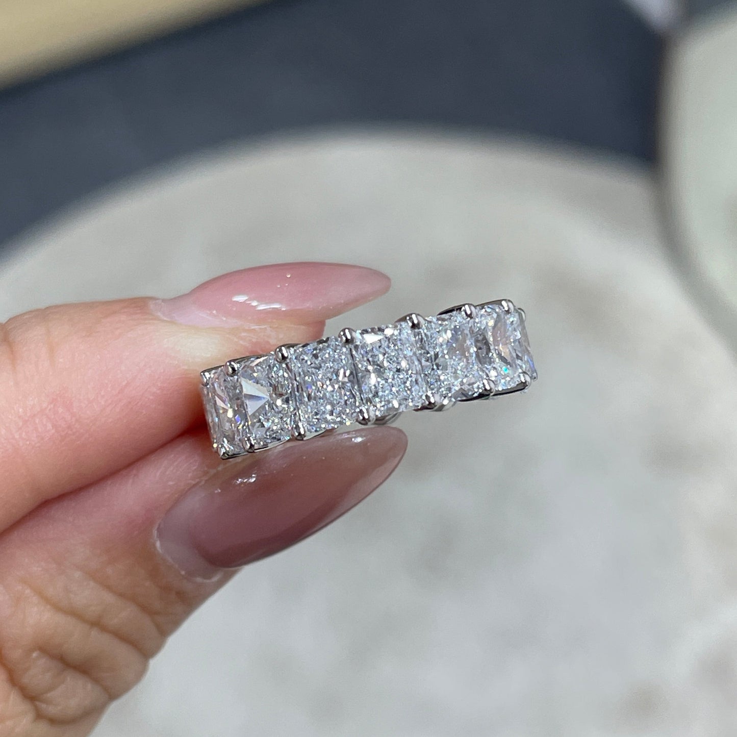 Lab diamond oval & emerald cut half half 7.5ct full eternity ring