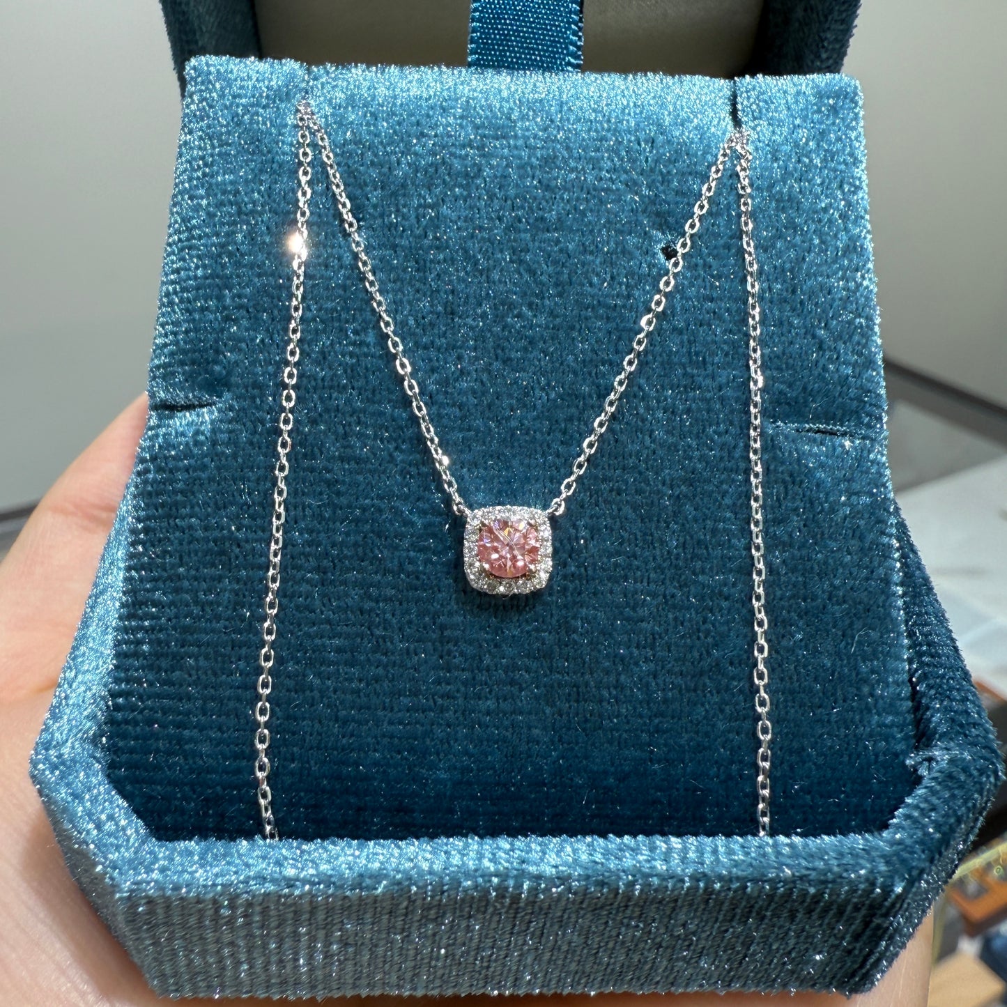 Lab pink diamond 0.25ct halo necklace
