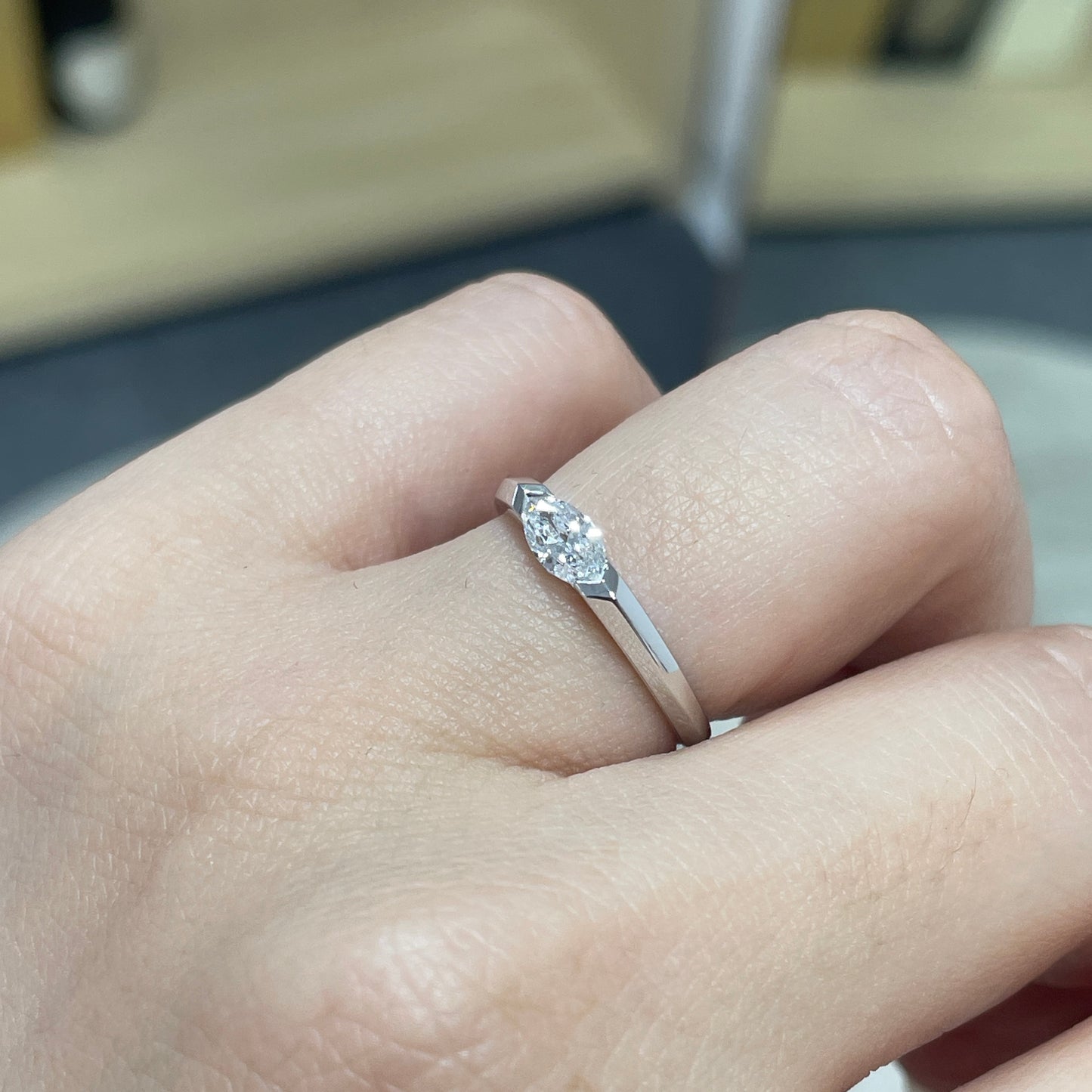 Lab diamond marquise 0.3ct east west horizontal ring