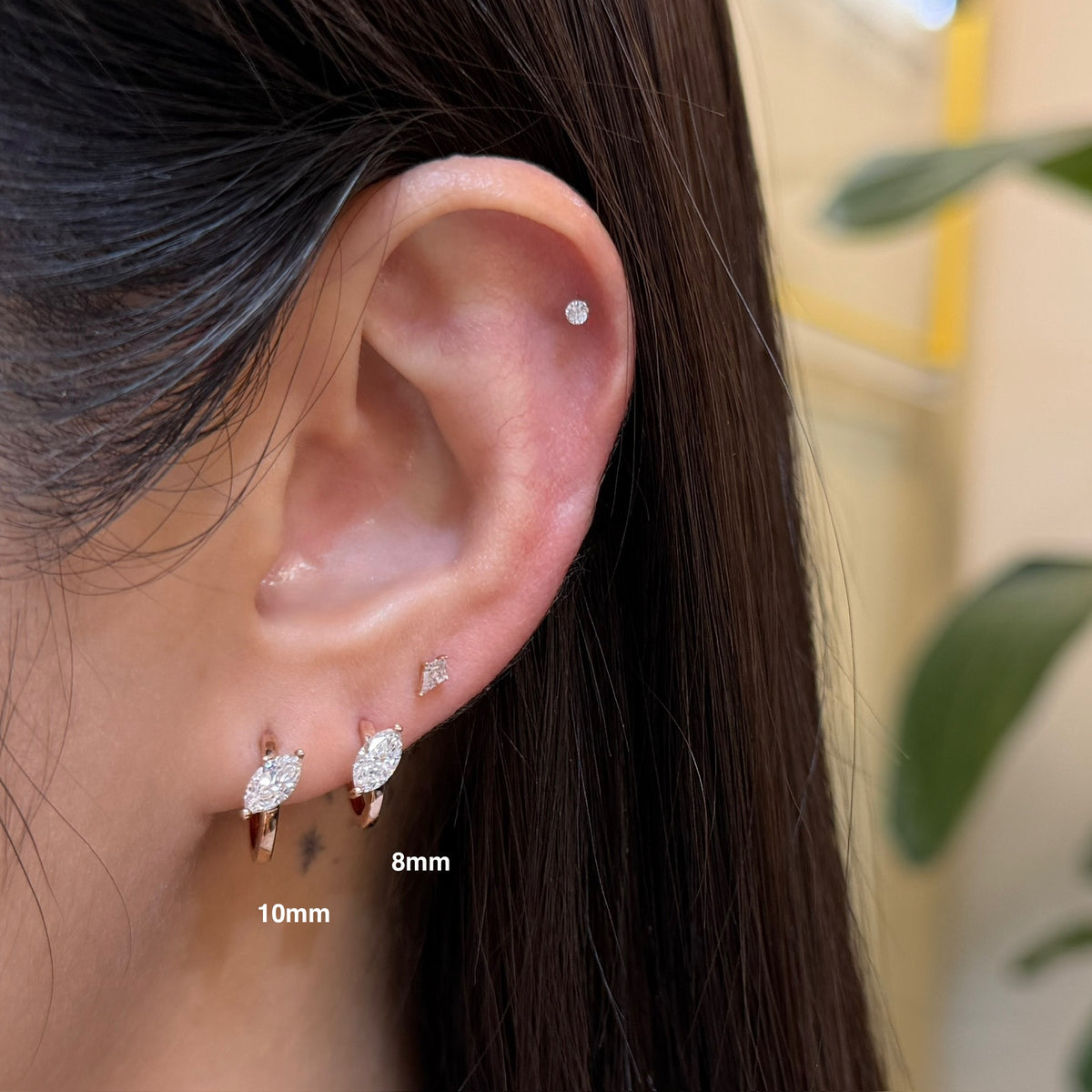 9k Lab diamond marquise shape 0.6ct tilt setting 8mm hoop earrings - pair