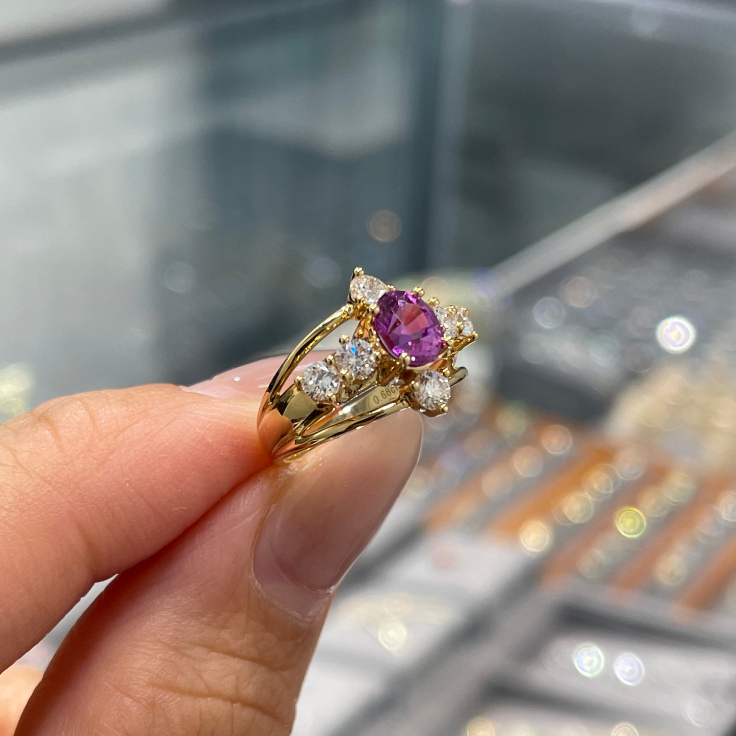 Lab purple sapphire oval 0.6ct with diamond round 0.45ct cross three row diamond pinky ring