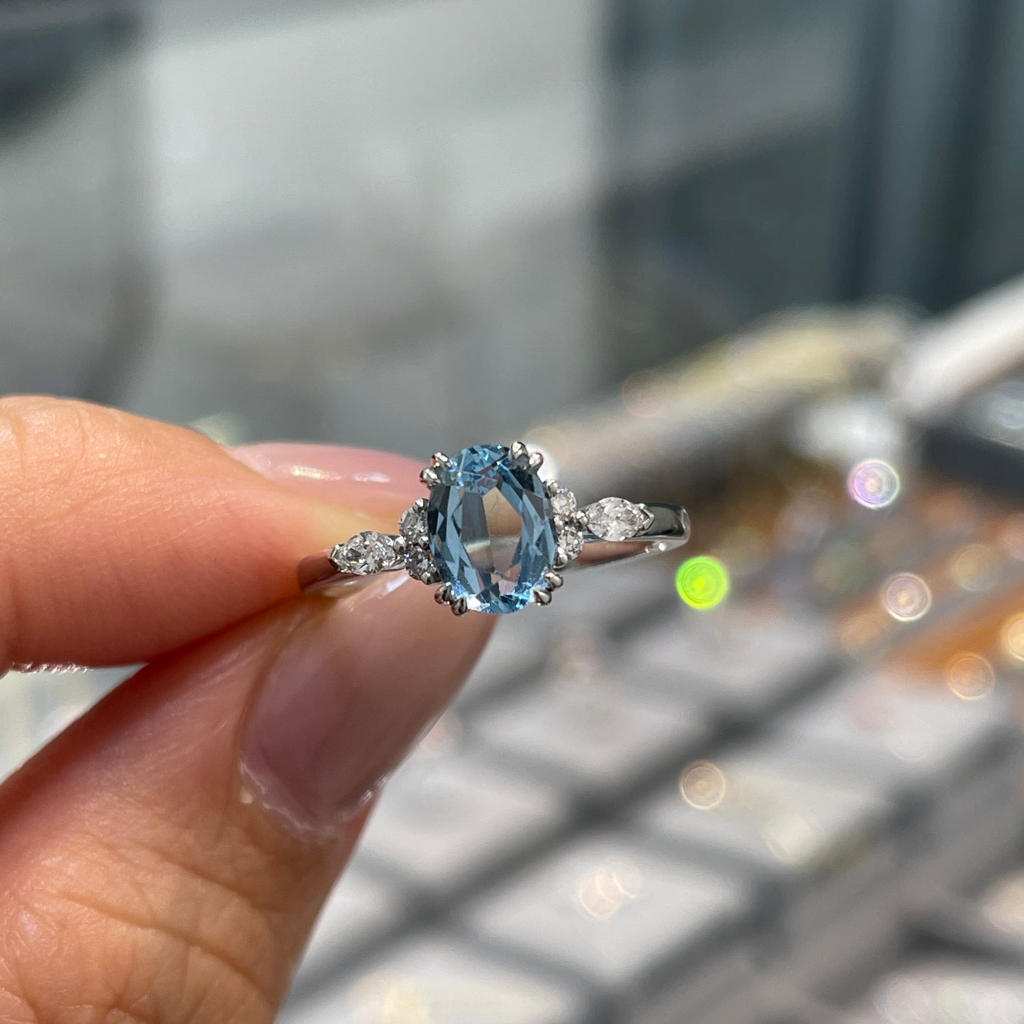 Lab sapphire aquamarine color Oval shape 1.2ct with diamond side stone ring