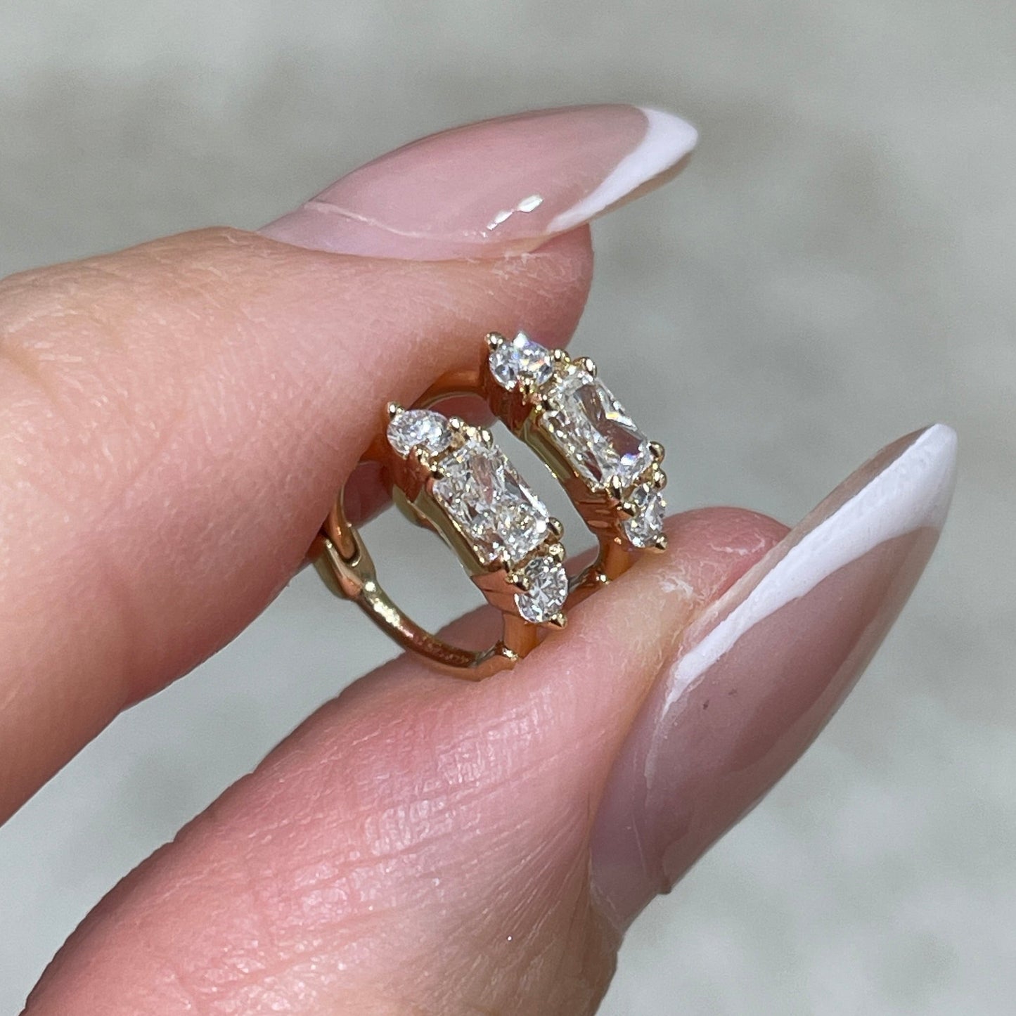 Lab diamond radiant and round 0.2ct three stone 7mm thin hoop earring - each