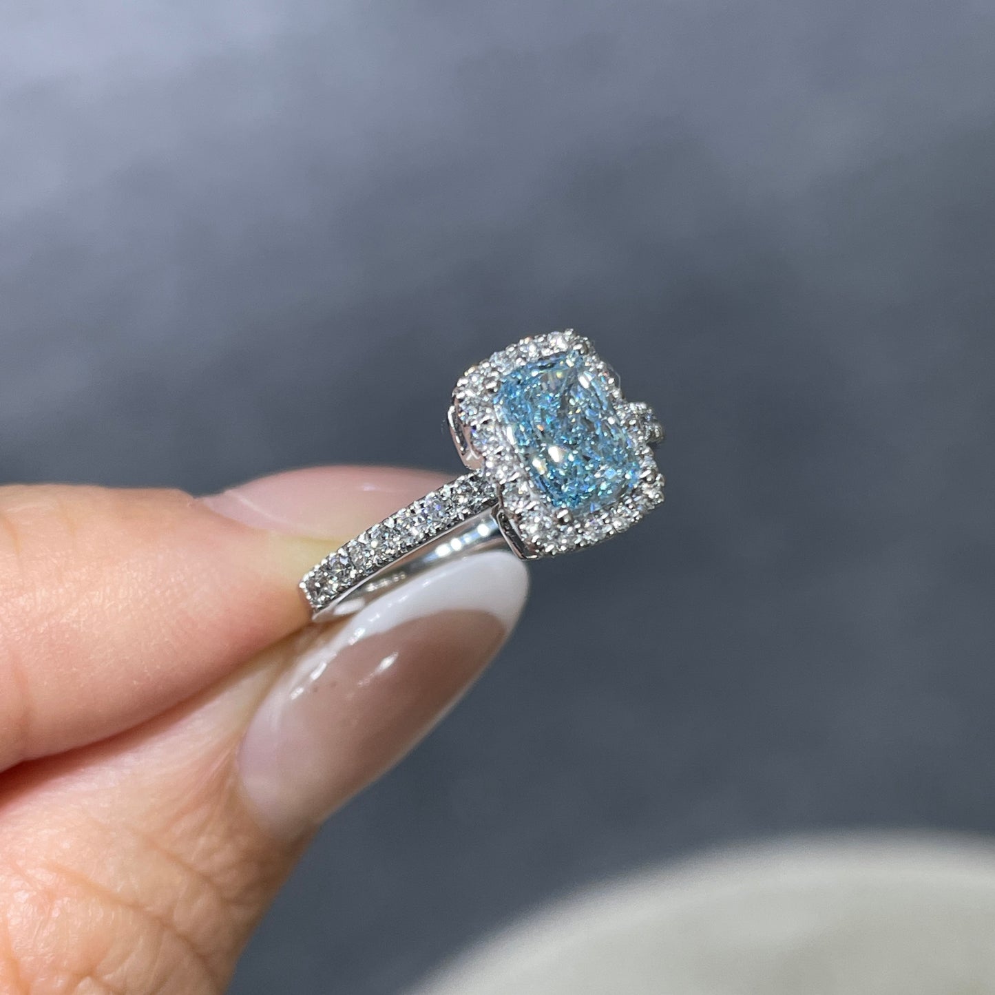 IGI lab blue diamond long cushion cut 1ct halo two-way pave ring