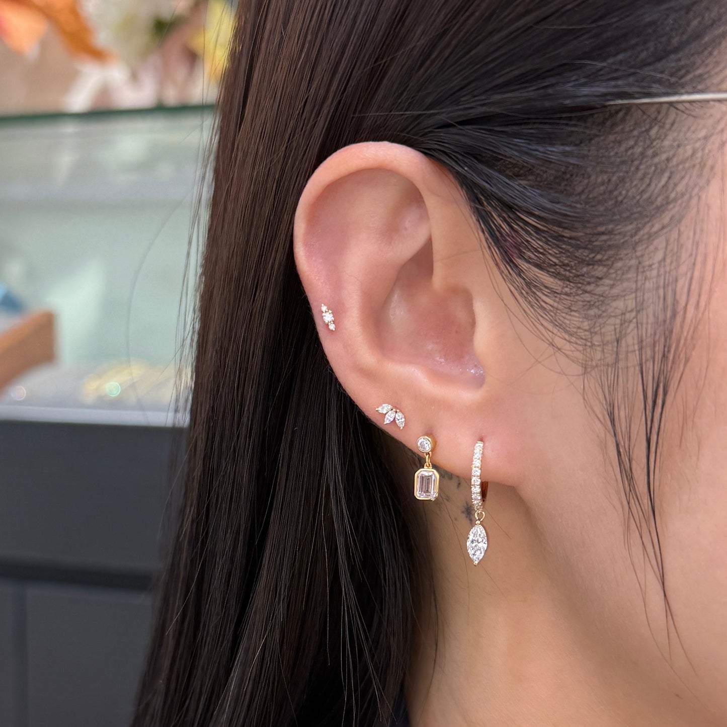 9k Lab diamond Marquise shape 0.85ct 10mm huggie  hoop earrings-pair