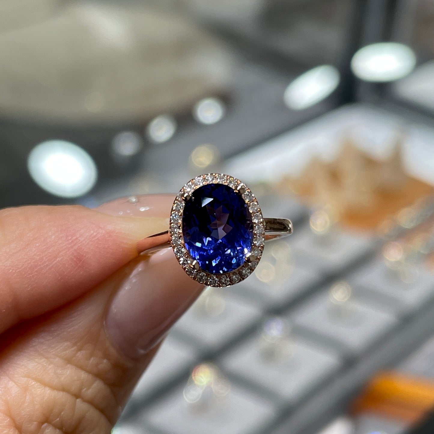 Lab grown sapphire royal blue color Oval shape 2.7ct halo ring