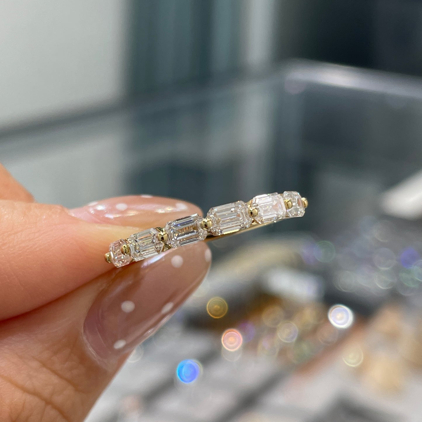 Lab diamond emerald cut 1.2ct horizontal half eternity ring
